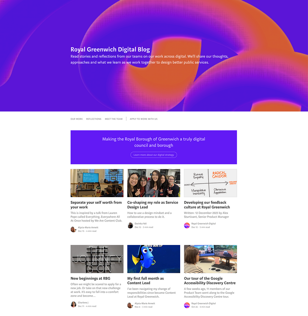 Screenshot of our Medium blog, it shows a header image with purples, organges and pinks and 6 articles we’ve published.