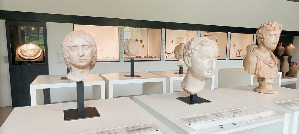 Interior view of the antiquities museum shows three busts on white pedestals in the foreground, with display cases containing other artifacts in the background. The left bust represents an adult, the center a child, and the right a bearded man.