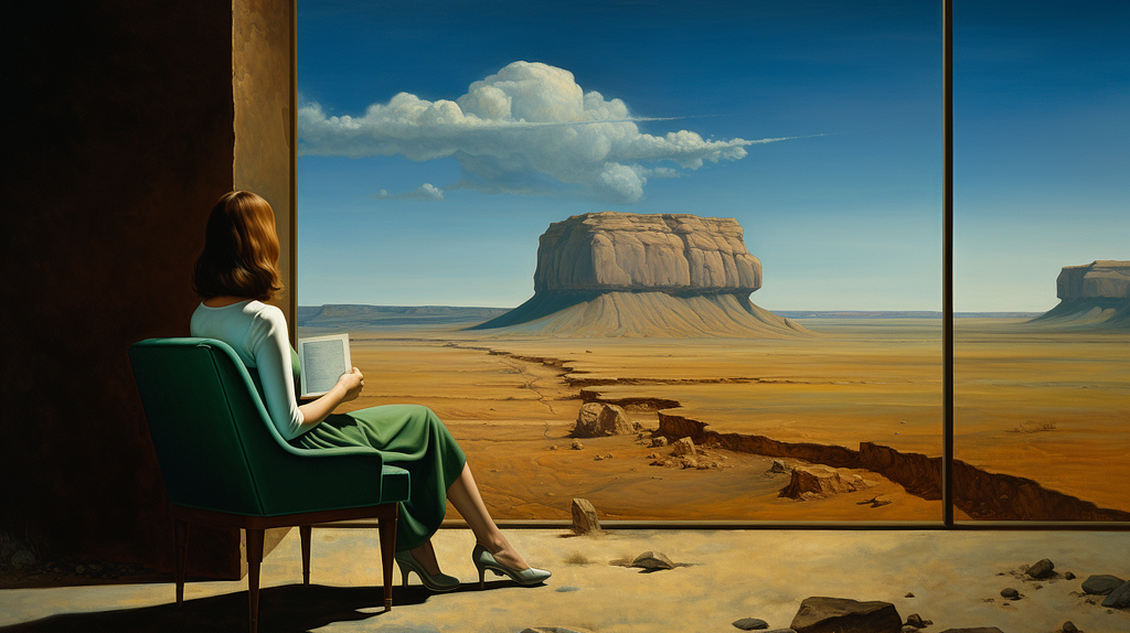A painting of a woman seated in a green chair, looking out a large window at a desert landscape with towering buttes. The interior’s shadows contrast with the bright, expansive outdoor scene, under a vast sky with a single cloud