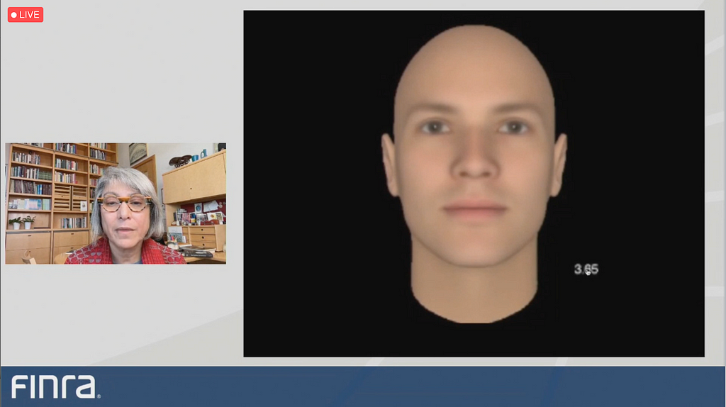 Screenshot of virtual presentation. Video of the presenter, Dr. Mahzarin Banaji, is on the left. On the right is Dr. Banaji’s shared screen that features an unknown person’s face.