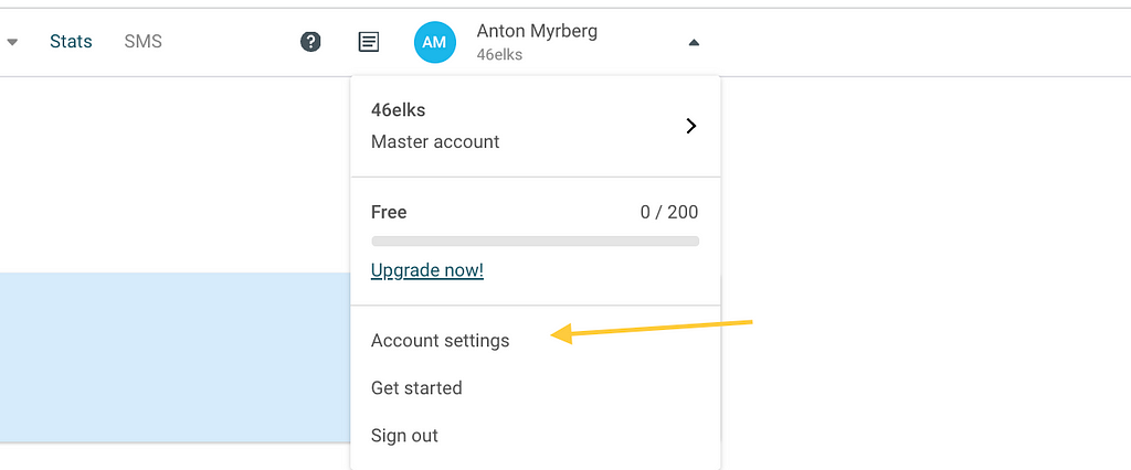Screenshot of arrow pointing at “Account settings”