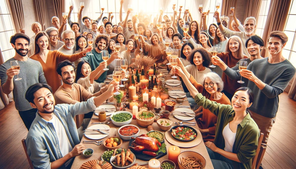 Diverse group of friends celebrating with a toast at a restaurant table, symbolizing the inclusive dining experiences made possible with AI.