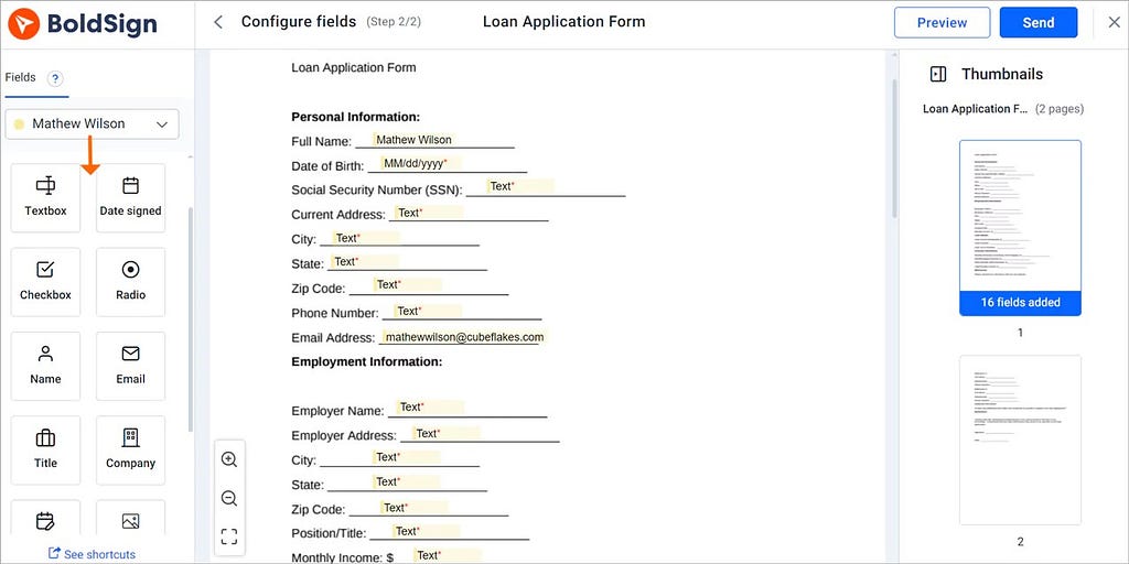 Configure fields page