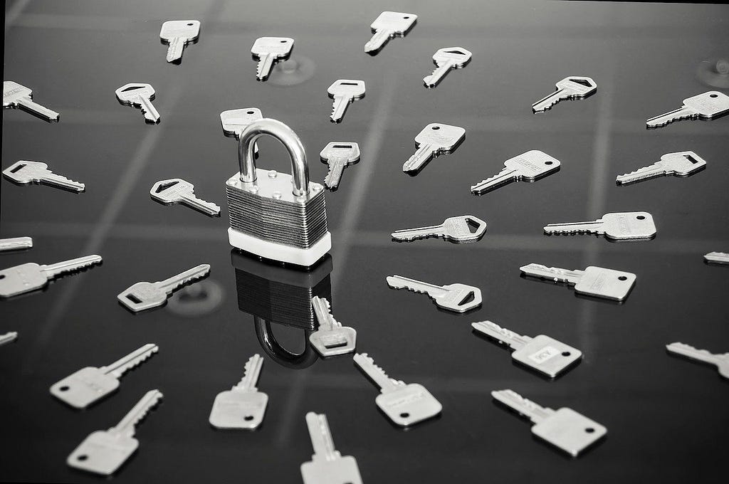 A lock surrounded by many keys