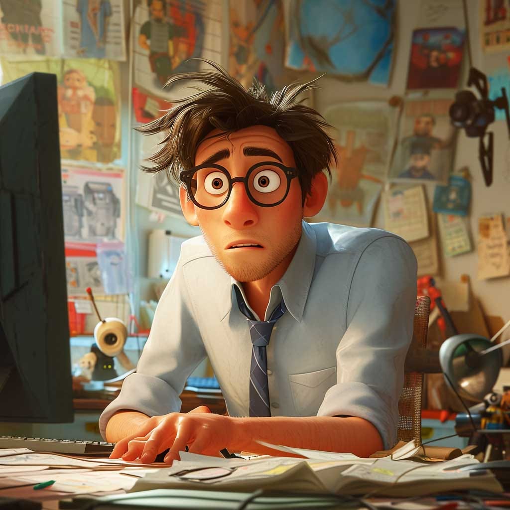 Pixar-style image of a guy struggling to focus