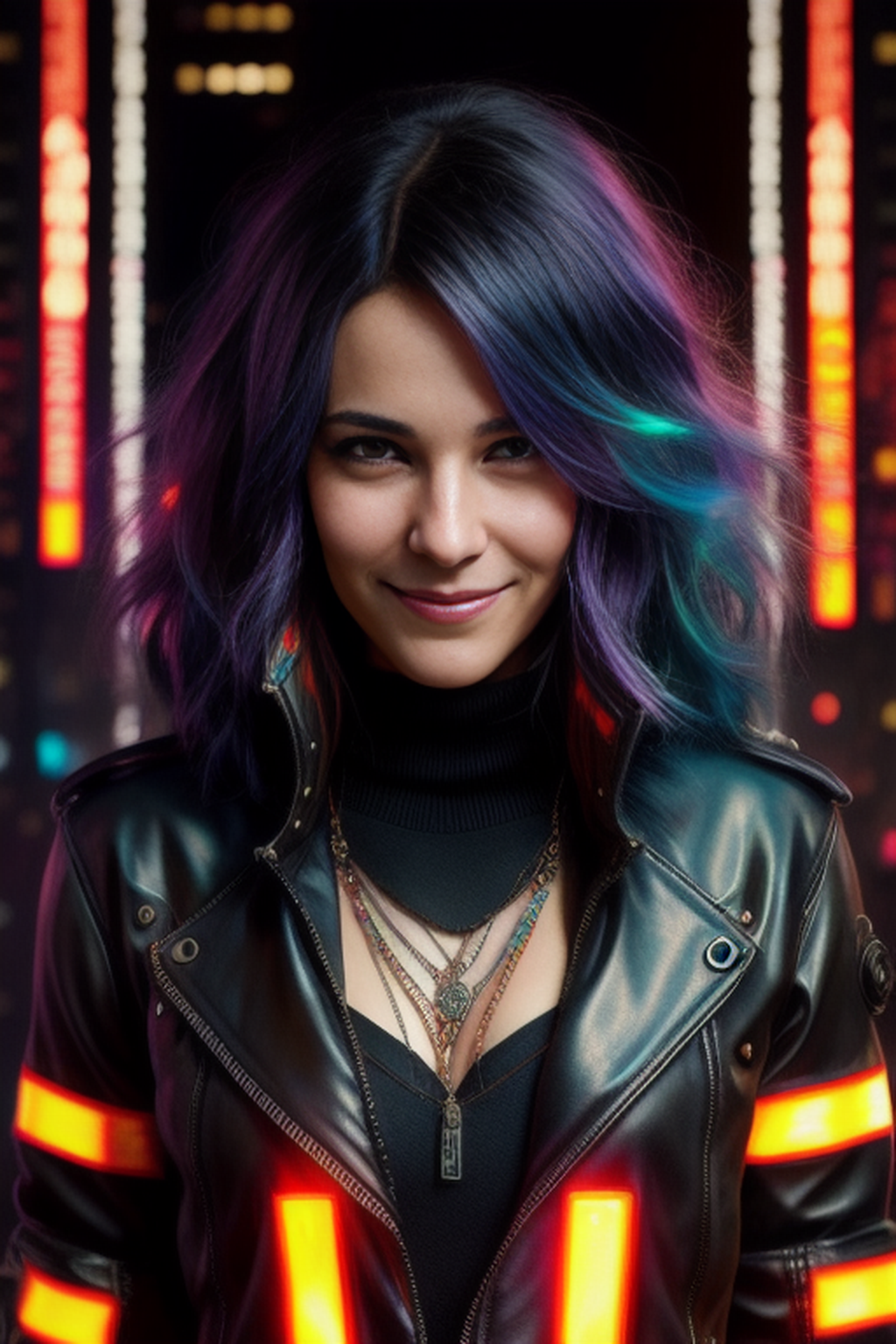 Close-up portrait of a young woman with purple hair and a leather jacket.