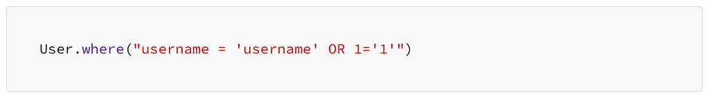 Image of code block example of SQL injection. The code is selecting a user based on the username. In this example, the username includes 1=’1' which is always true.