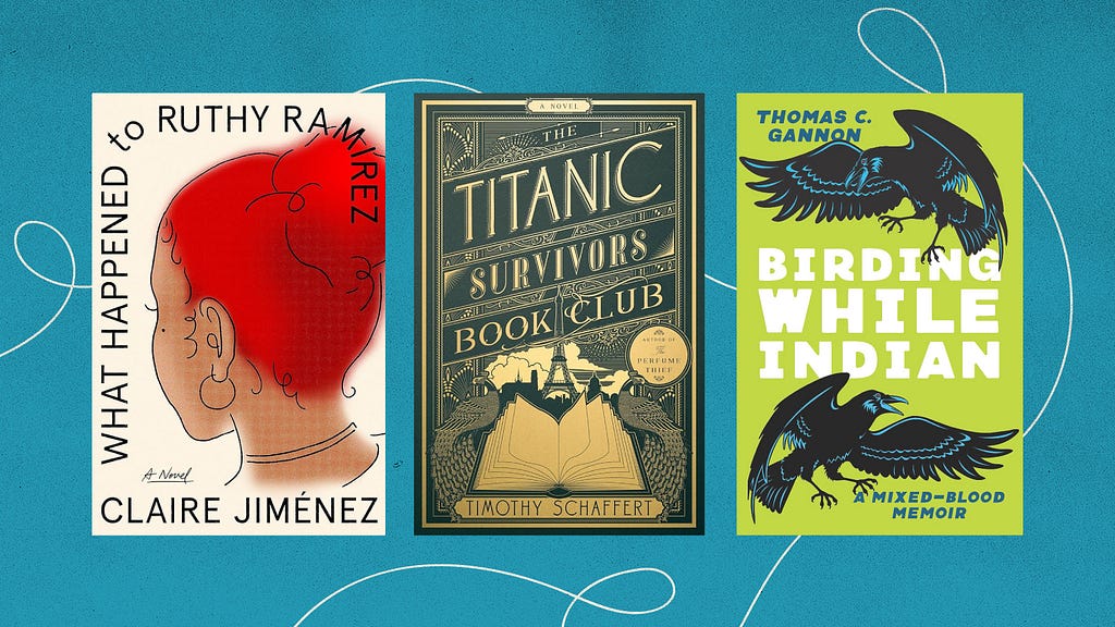 Book covers for “What happened to Ruthy Ramirez,” “Titanic Survivors Book Club” and “Birding While Indian”