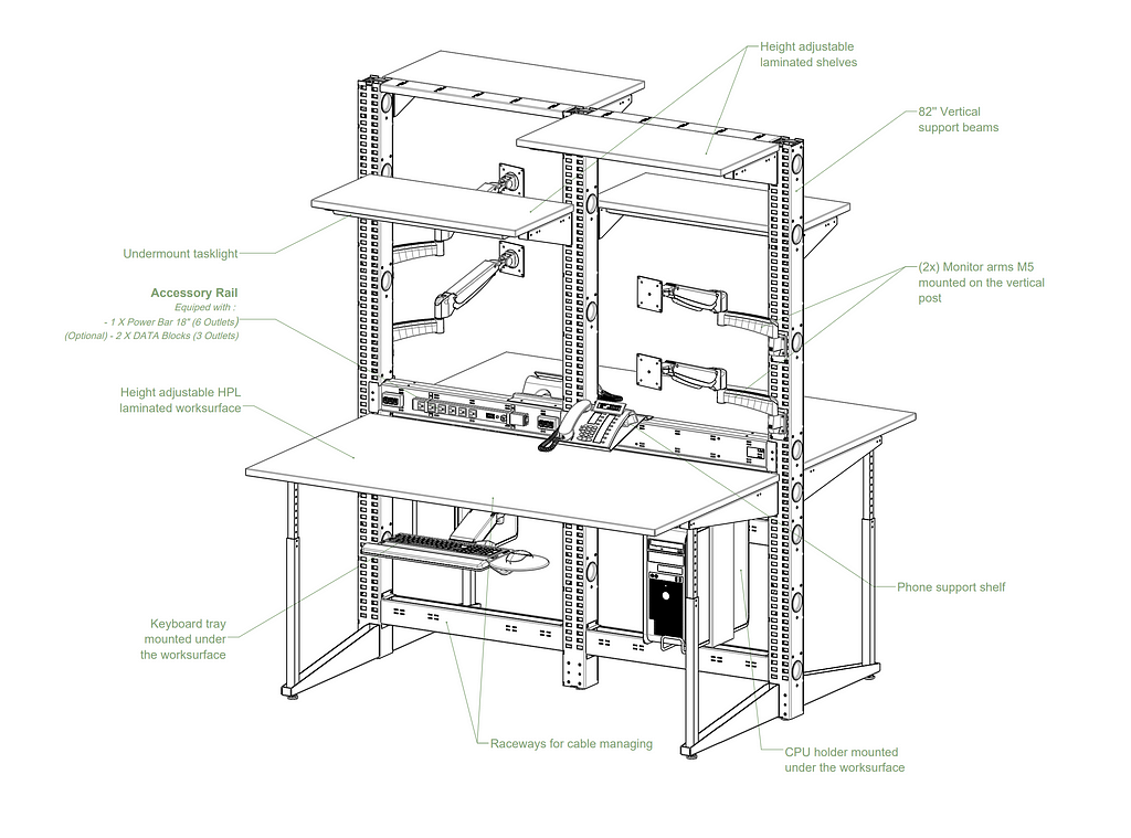 Technical drawing of tech bench (custom engineering workstation)