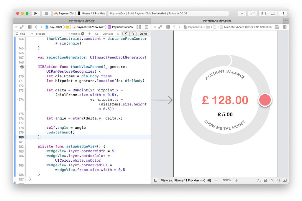 Xcode window showing the top wedge in the storyboard utilising live render