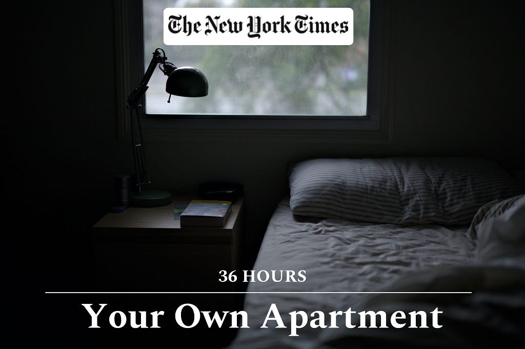 a bedroom with a mock “36 Hours” logo superimposed on it