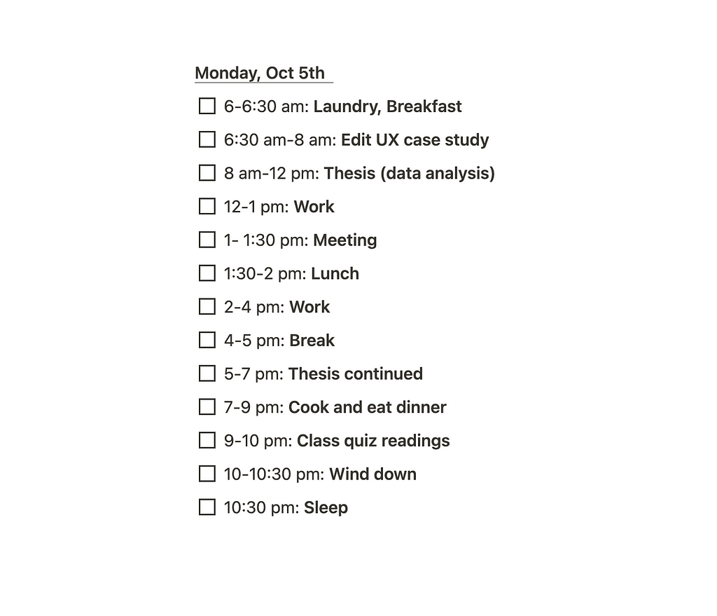 A list of to-do list with the hours included with a title of Oct 5th, Monday