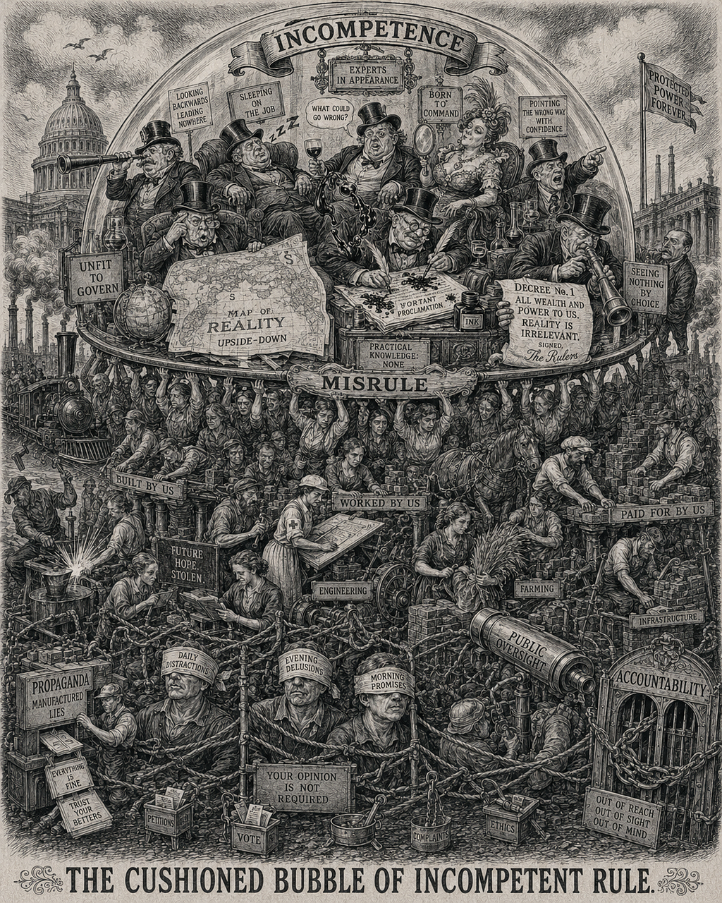 An AI-generated old-timey political cartoon, extremely detailed… illustrating the rule of an incompetent class and the inability of competent people to change things.