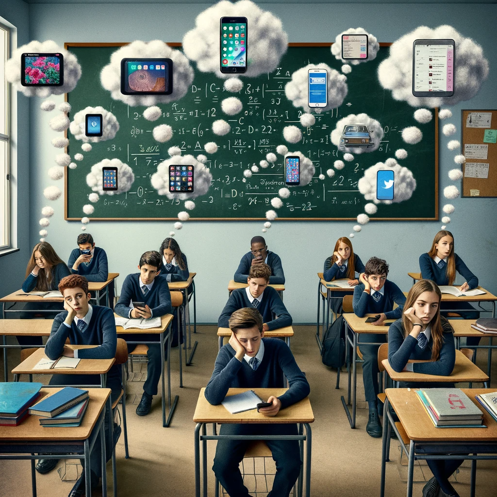 A classroom with 15-year-old students, each showing signs of distraction and daydreaming