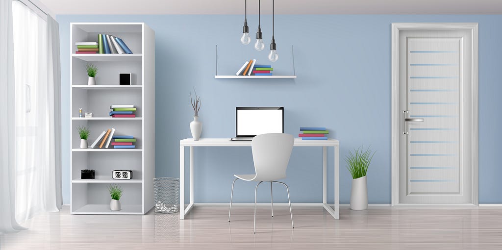 A room with light blue wall a chair, table, on top of the table there are: books, a laptop a white flower pot. on right side of the table there is a white color door that has blue horizontal stripes, on the left there is a book shelf & a dustbin. 3 light bulbs hanging from the ceiling.