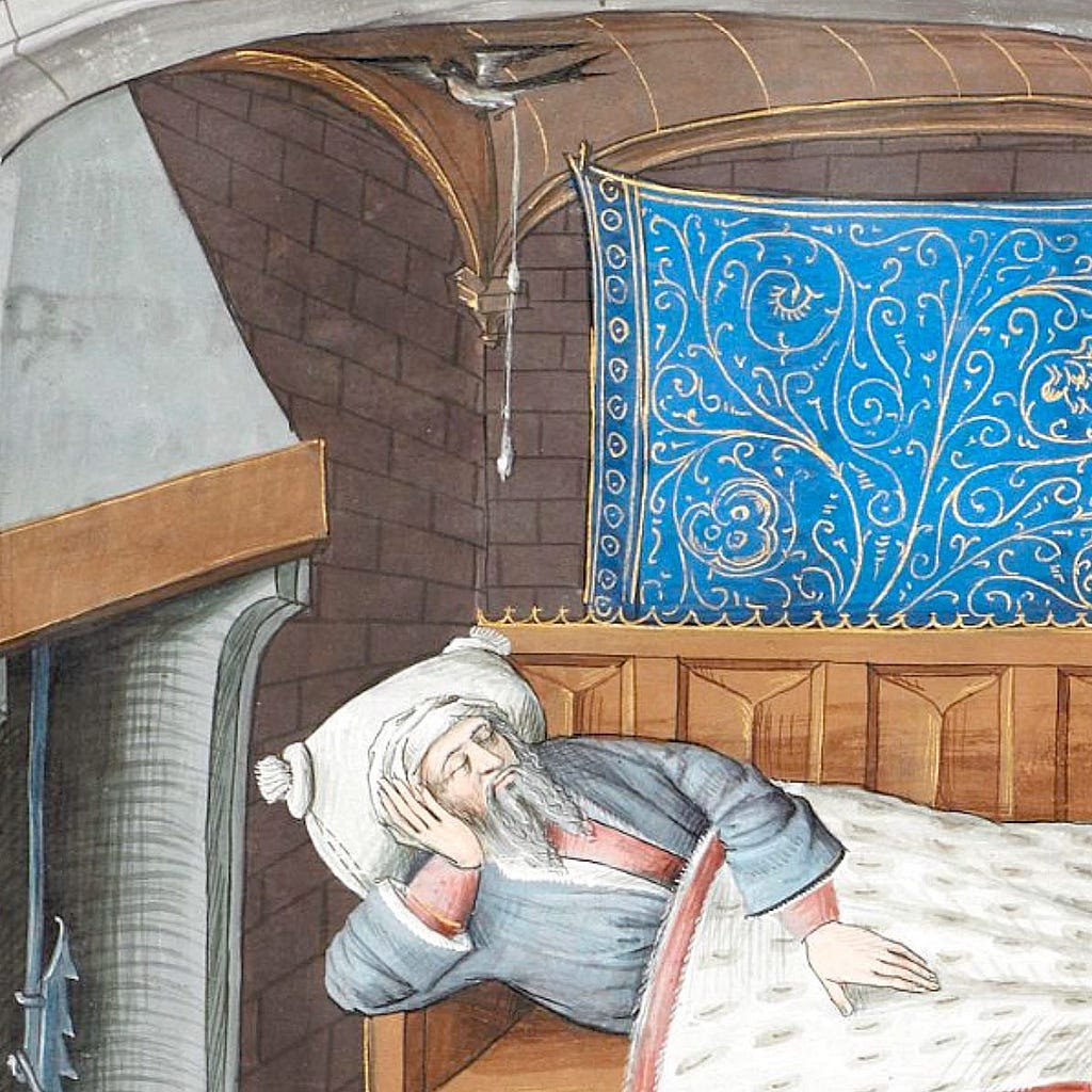Painting of a man asleep in bed while a bird flying directly overhead is pooping, so that the white excrement is about to drip in the man’s eyes
