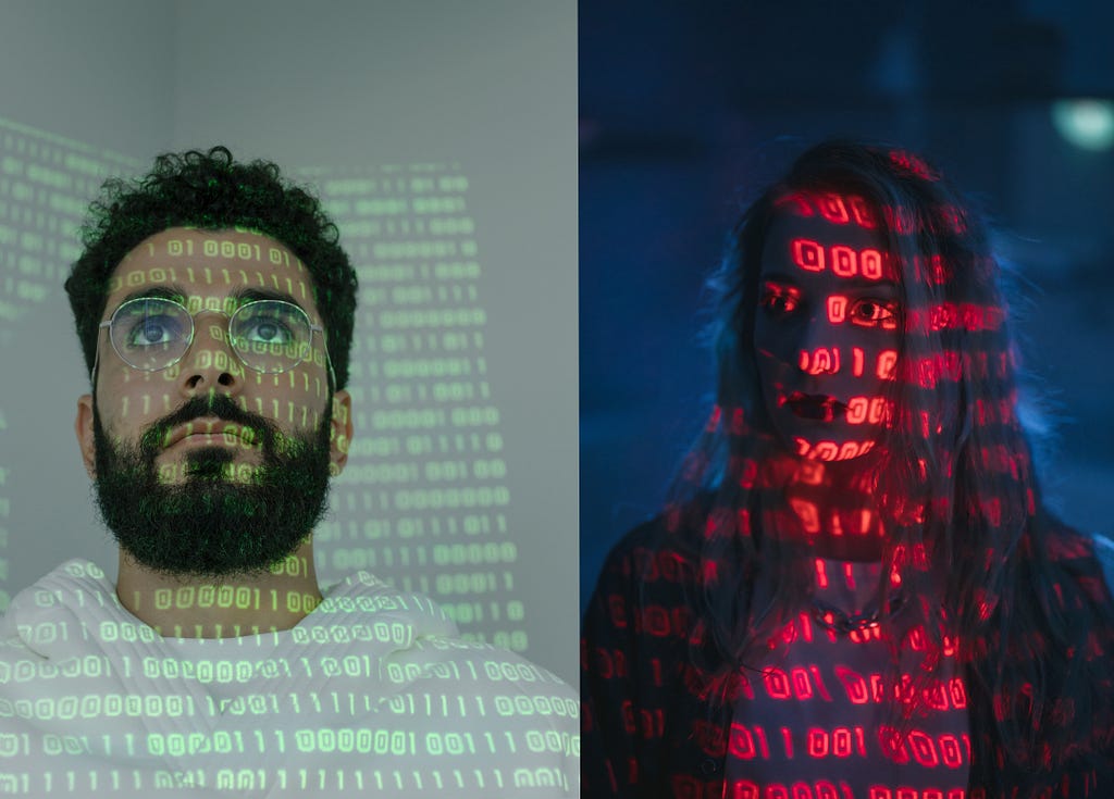 Sidy by side images of a man with a beard and glasses and a woman with long straight hair where light projections of binary zero and one digit code sequences are projected onto the individuals’ faces in green and red respectively.