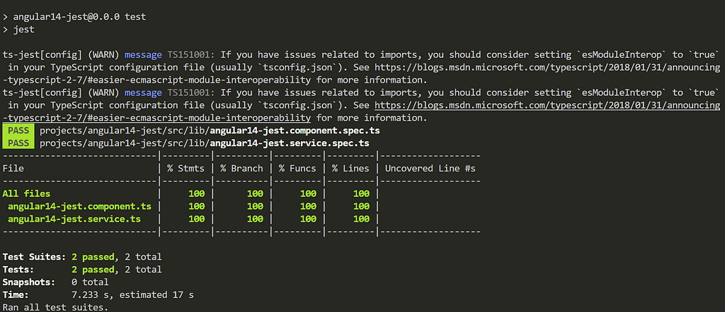 Console output while running the test command with reports