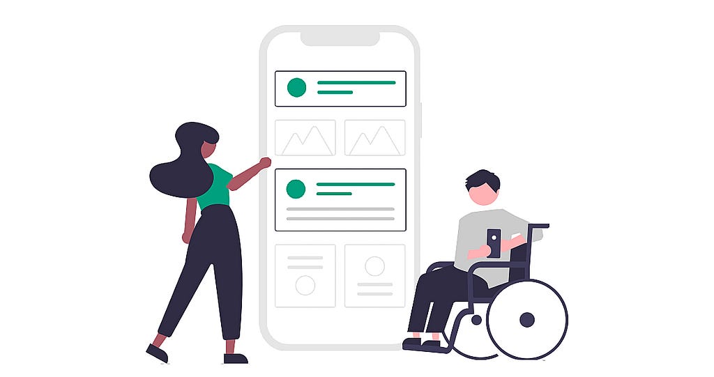 an image of a feminine presenting person standing and a masculine presenting person in a wheelchair using their phones.