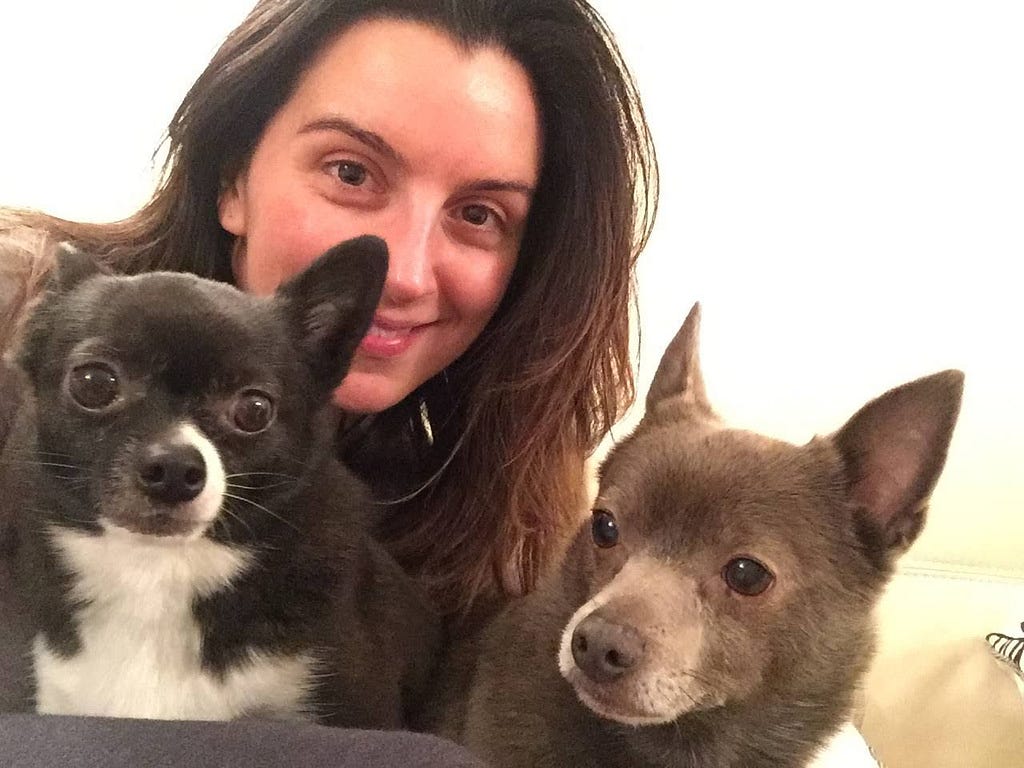 A photograph of Nicole DeCario, a woman with long brown hair, holding two small dogs.