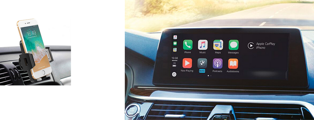 left: phone in holder in car. right: apple carplay interface.