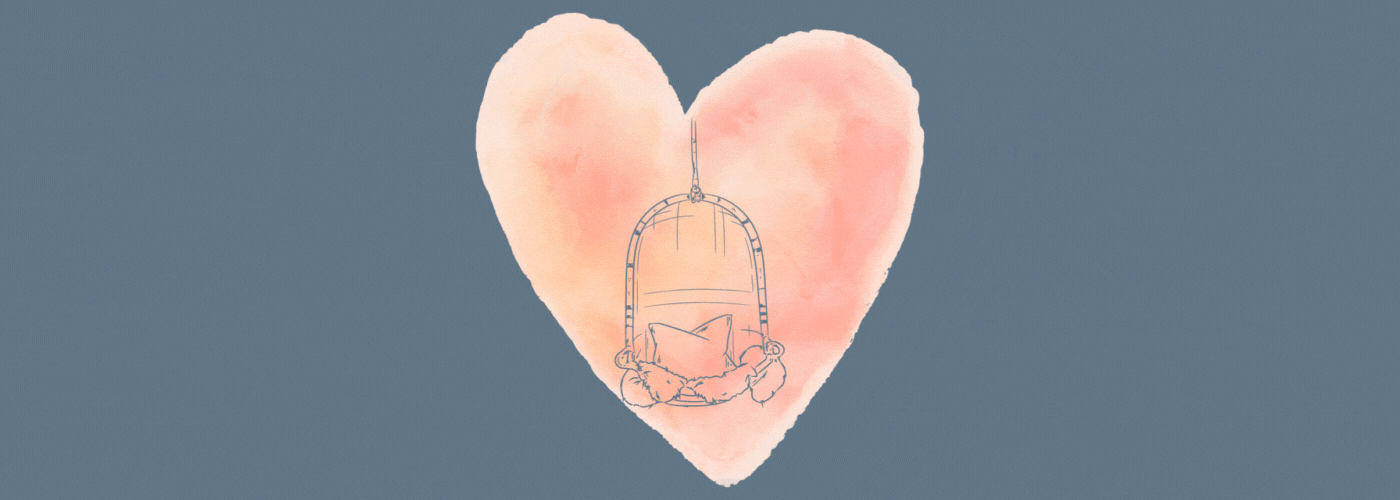 pink watercolour heart with a dark blue hanging chair in the middle