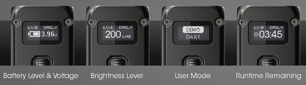 LED display screen for battery level, brightness, user mode and runtime remaining