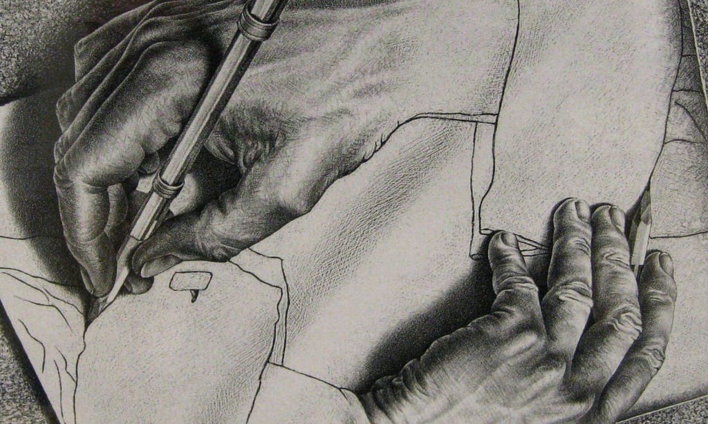 Litografia de M. C. Escher intitulada Drawing Hands. Impresso pela primeira vez em janeiro de 1948. Retrata uma folha de papel, da qual emergem duas mãos, no ato paradoxal de atrair uma à outra à existência.
