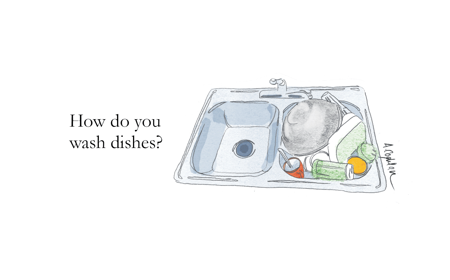 An illustration of a sink full of dishes accompanied by text asking “How do you wash dishes?”