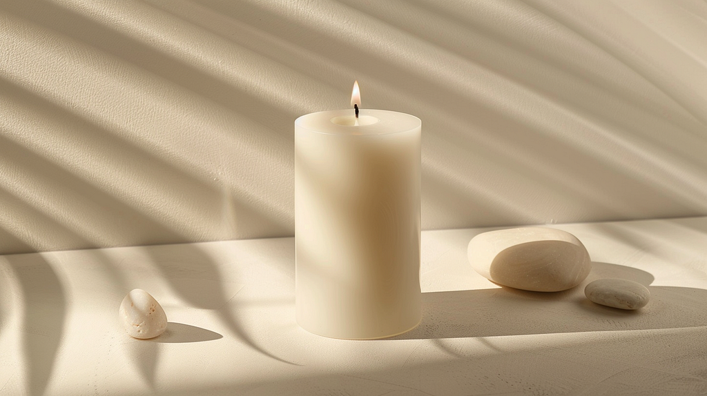 Product photography, photo of one white candle, on a clean light beige background, with some stones, a flat front shot, beautiful soft lighting and shadow