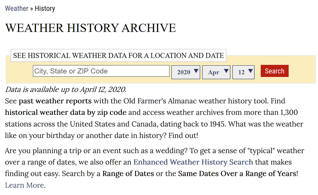 Old Farmer’s Almanac query page