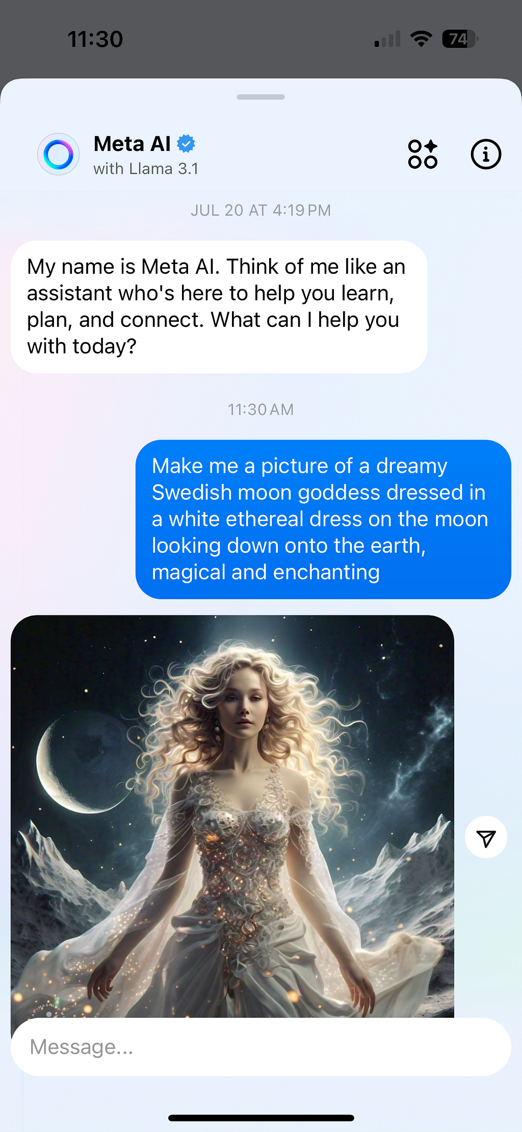 screen shot of the image with text prompting meta AI instagram to make an an ai generated image of a moon goddess