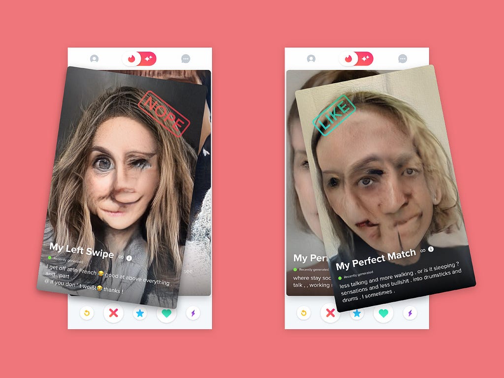 2 Tinder-like phone screens. titled “My left swipes” and “My perfect Match”. Both show faces that are very distorted.