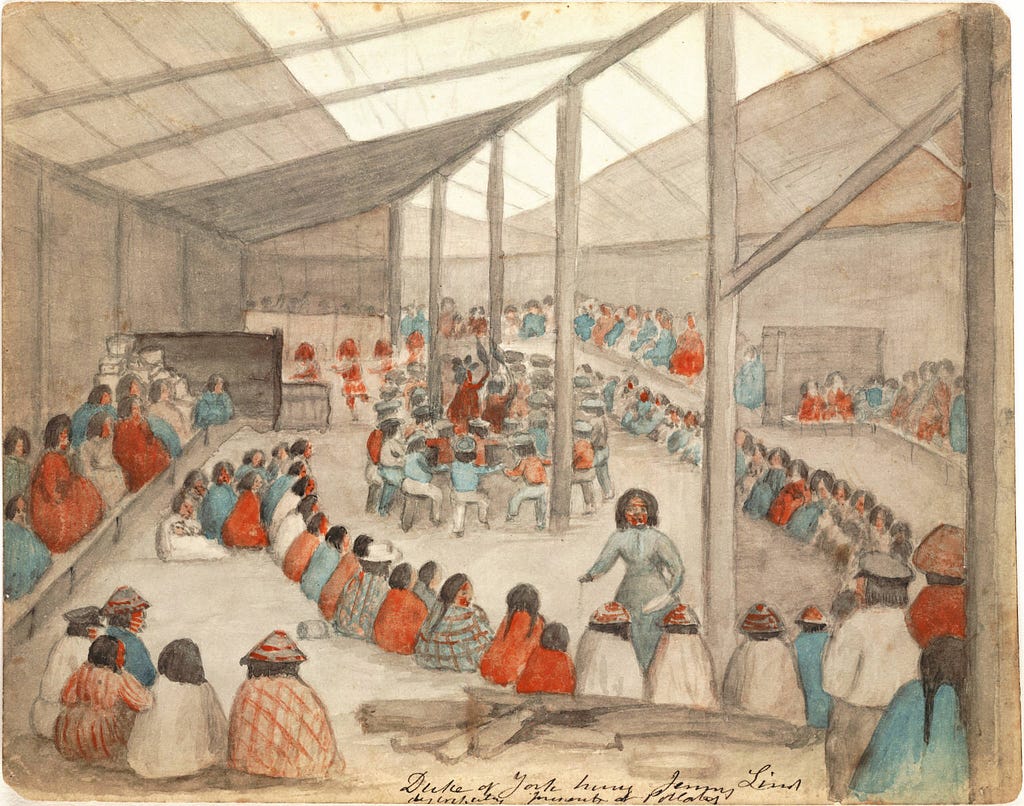 Watercolor by James G. Swan depicting the Klallam people of chief Chetzemoka at Port Townsend, with one of Chetzemoka’s wives distributing potlatch.
