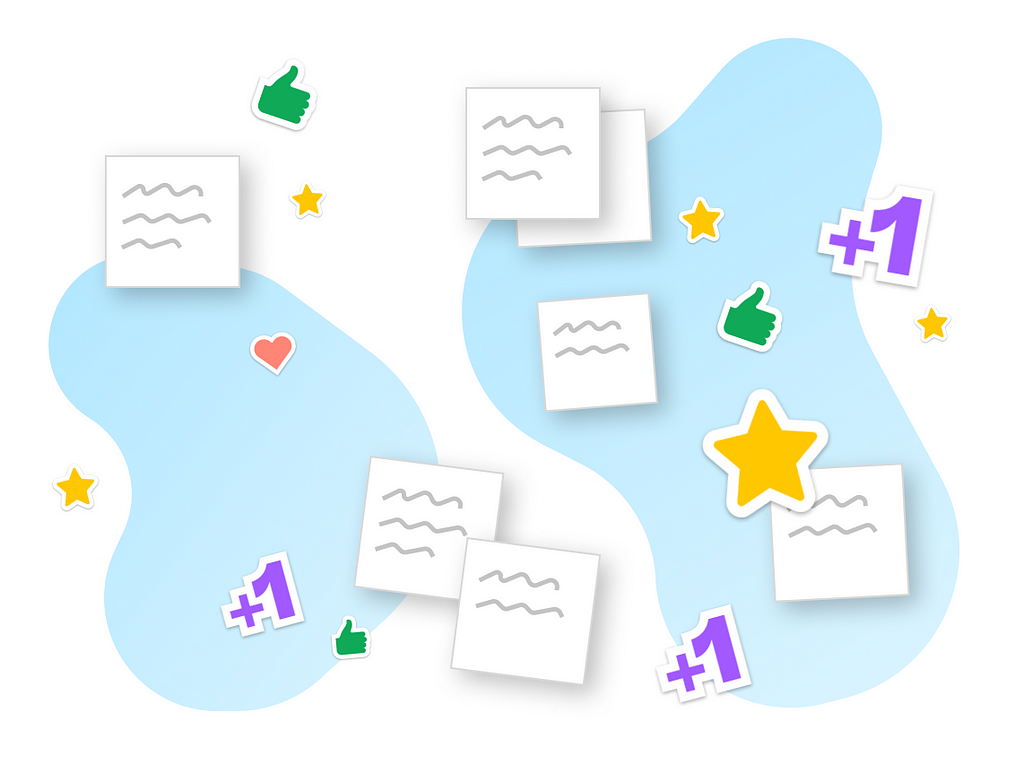 An abstract image of Post It’s and visuals badges from FigJam floating in space.