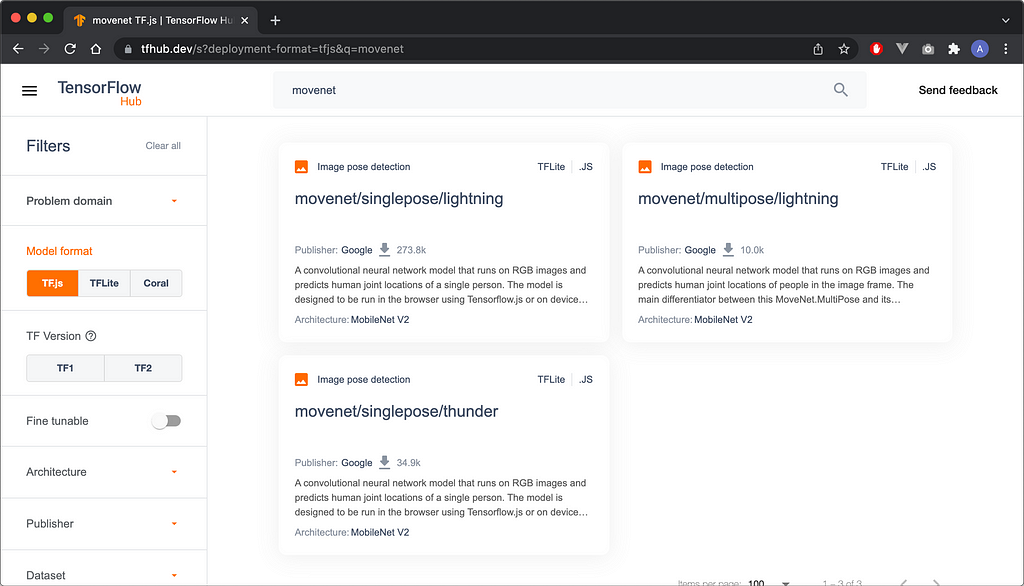 Searching for the MoveNet model on TensorFlow Hub