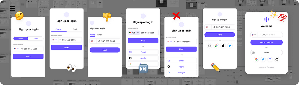 A collection of 6 early UI explorations for the Login Form, along with the final design