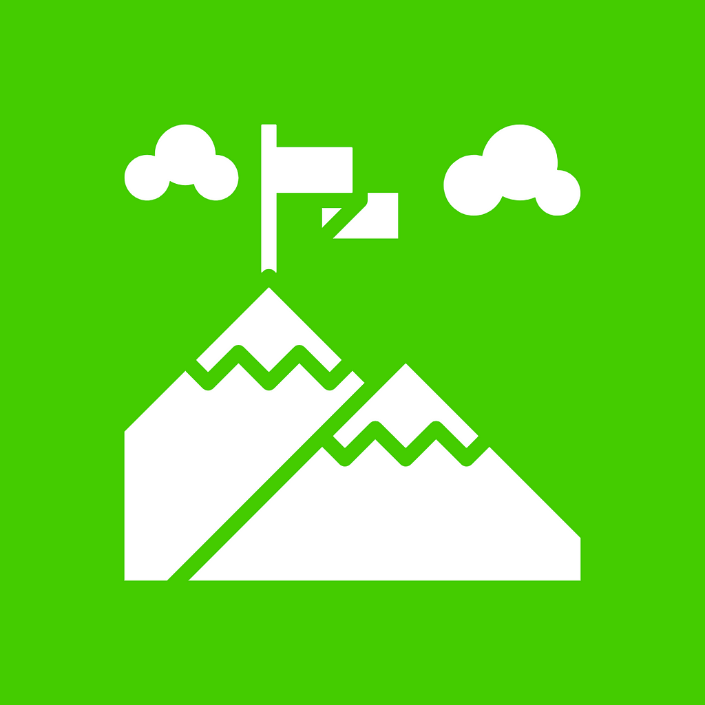 A graphic illustration of a white mountain with a flag in the top