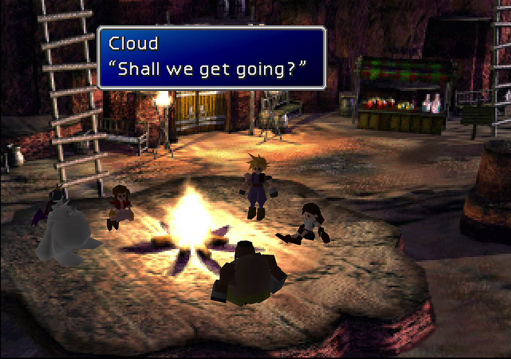 A screenshot of the playstation 1 version of final fantasy 7 containing multiple characters sitting around a campfire with a blue dialogue box that says “Shall we get going?”