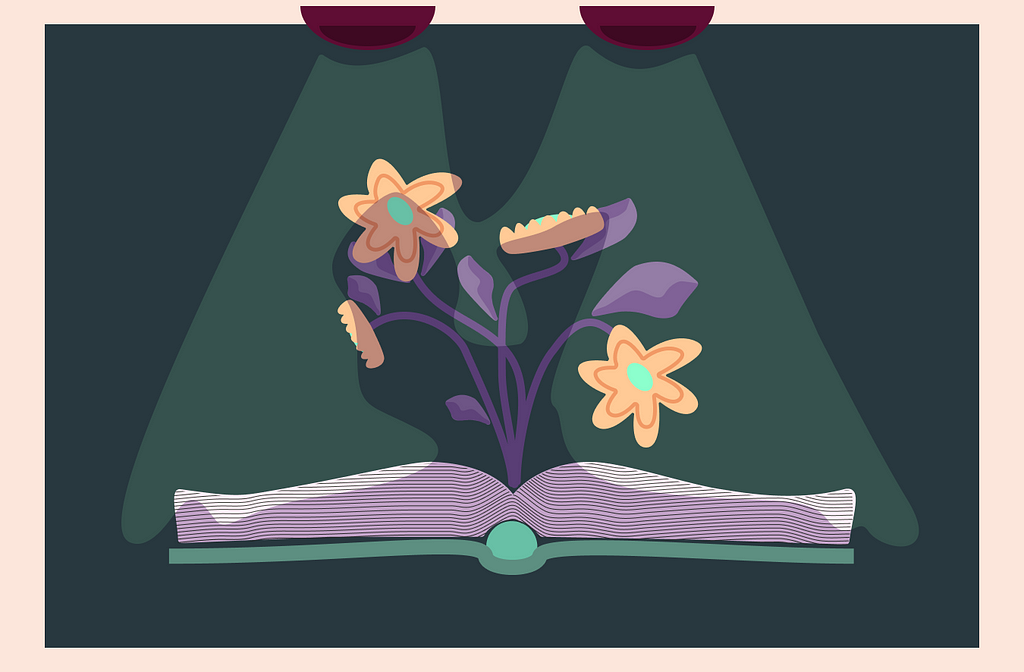 Illustration of an open book with flowers blooming from the pages.