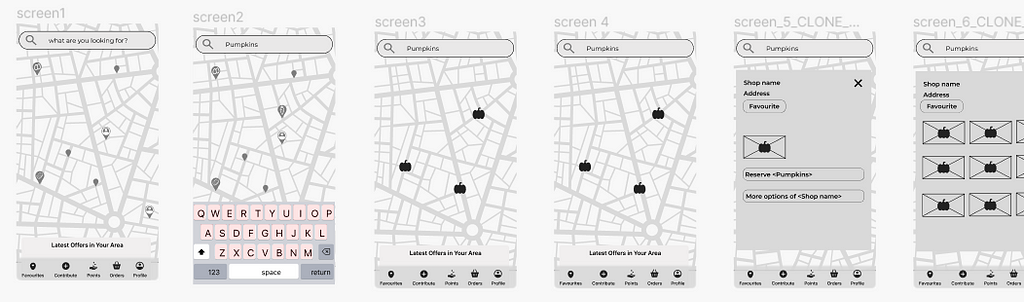 a series of low-fi prototypes of the map app