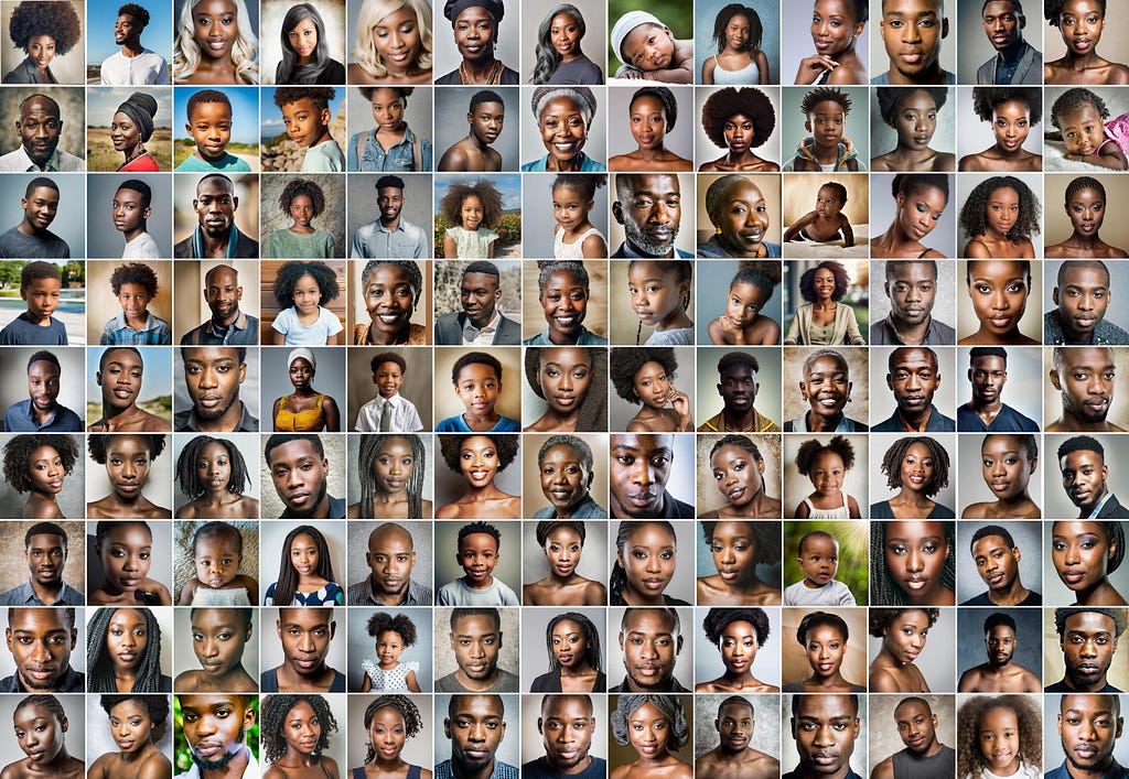 A grid of generative AI images of Black adults and children, 13 across and 9 down, of all ages and genders and with a wide range of hairstyles.