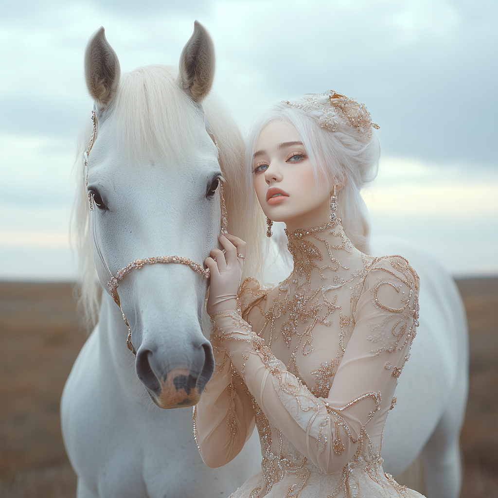 A beautiful 18 years old yound lady, standing beside a white horse in minimal beige and white style