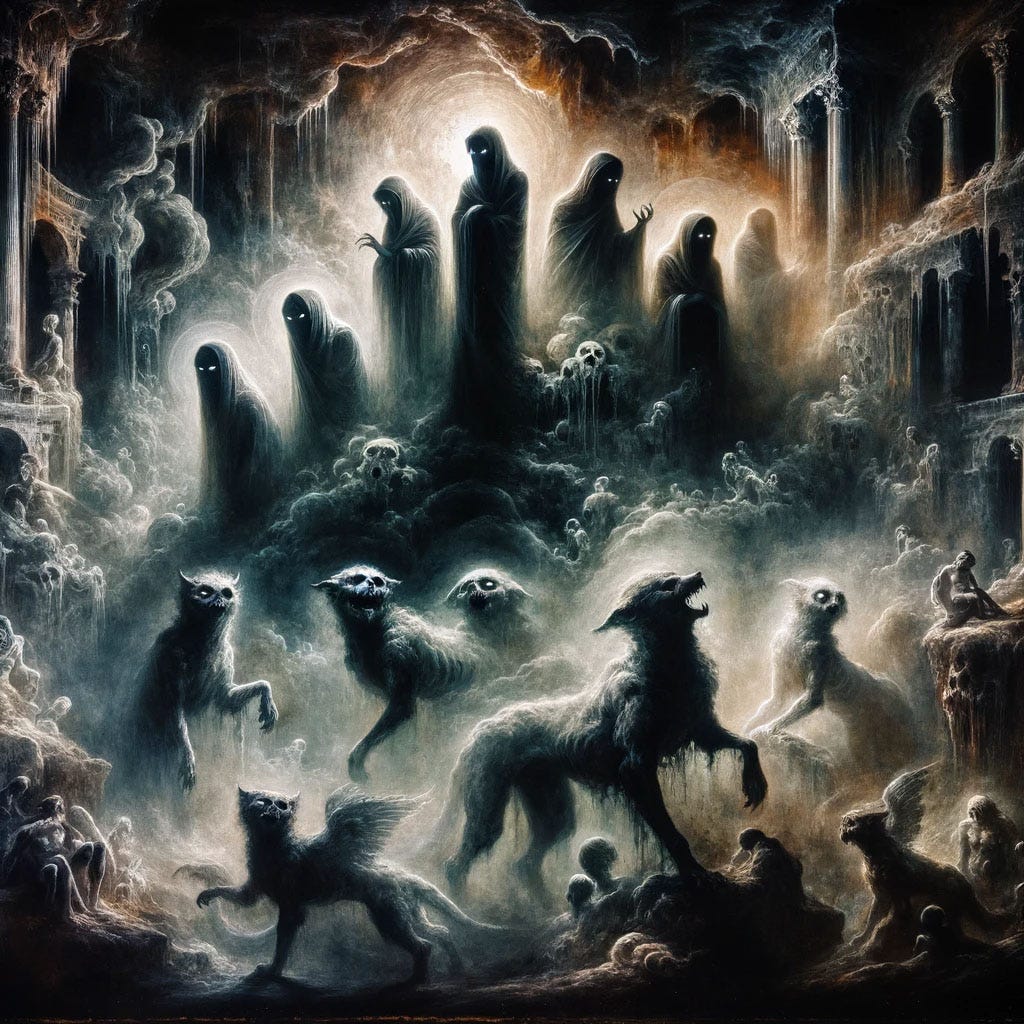 Imaginative representation of Lemures in the Roman Underworld, shown as shadowy figures in a dark, cavernous setting with ethereal light and misty apparitions.