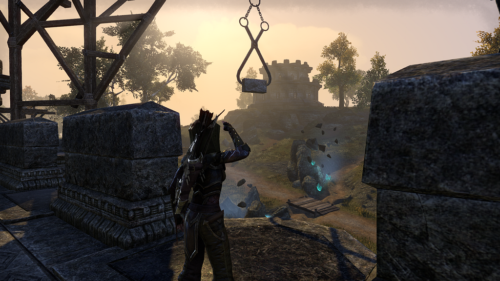 An individual in leather armor with a bow on their back stands atop a stone tower, peering over the fields beyond. In the distance are more towers and glowing crystals.