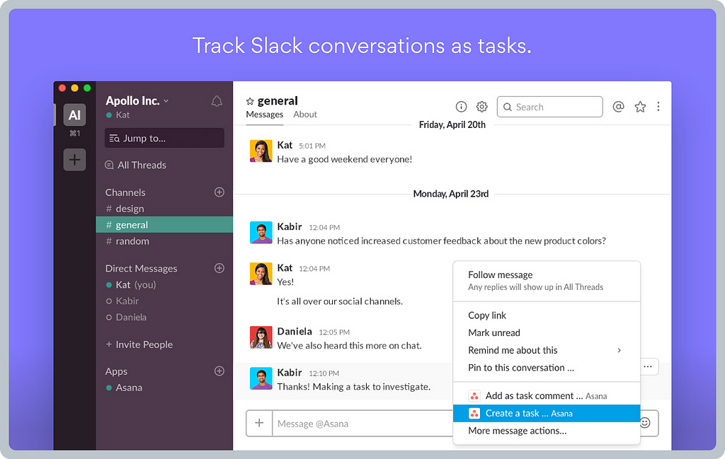A screenshot of Slack showing a list of conversations and a contextual menu where users may create a task in Asana based on the selected conversation.
