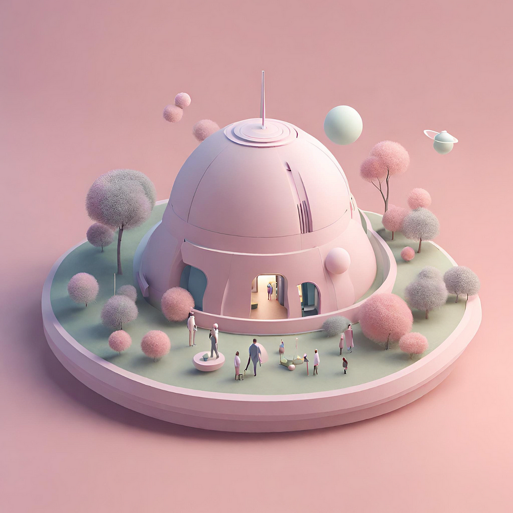 3d minimalistic pastel spaceship/ecosystem pod with people entering it