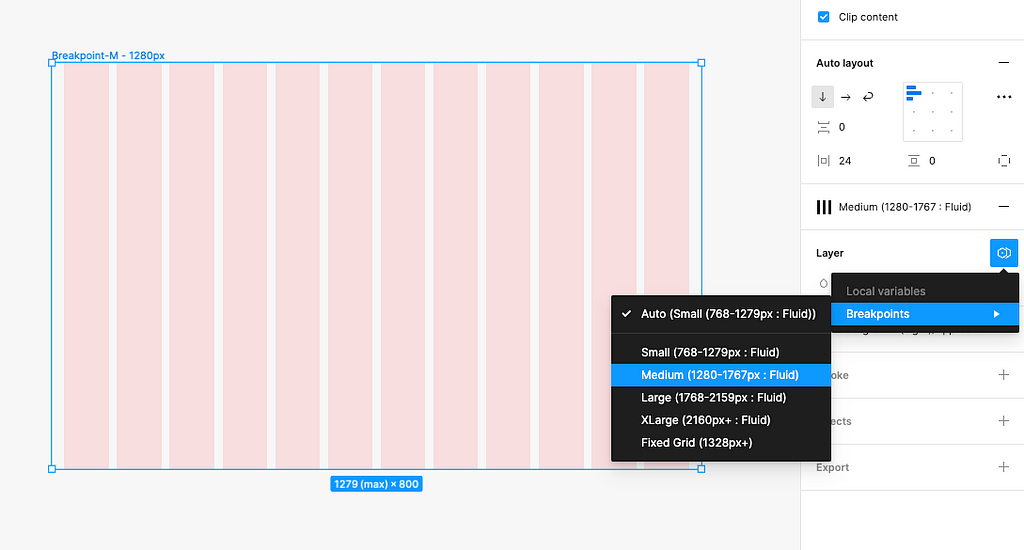 Image from Figma showing how to select the mode the frame should be in by selecting the variables icon from the Layer section and clicking from the collection for Breakpoints.