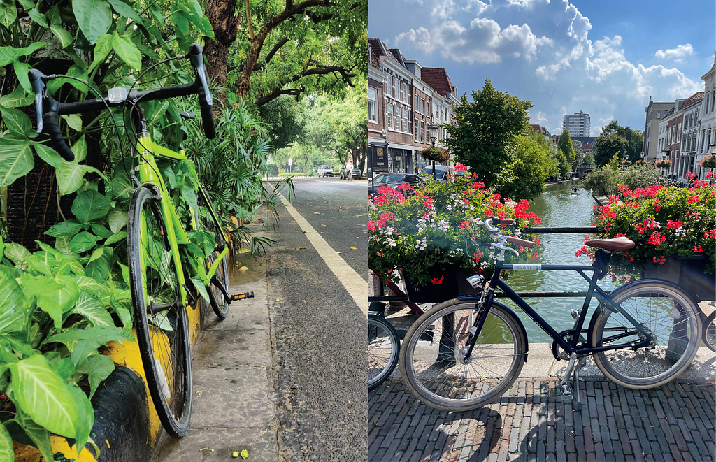 Two portrait images of bikes in situ: on the left a green bike on a leafy street in India and on the right a black bike with a canal backdrop in the Netherlands.