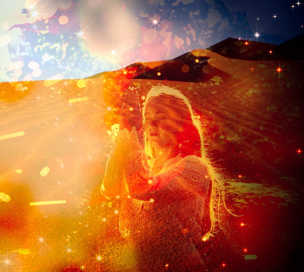 Digital art of a woman glowing with light inside a desert.